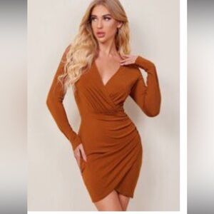 Brand new brown tan surplice asymmetrical hem bodycon dress size M